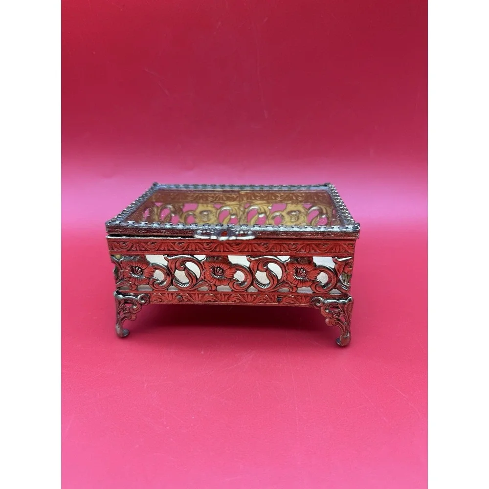 Vintage Floral Filigree Ormolu With Glass Top Jewelry Casket Box Velvet